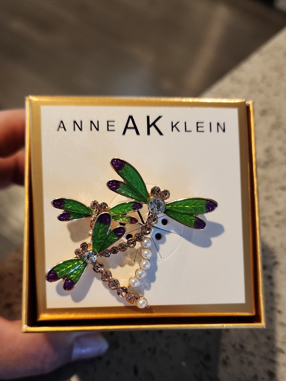 Anne Klein Green & Purple Dragonfly Brooch with Pearls